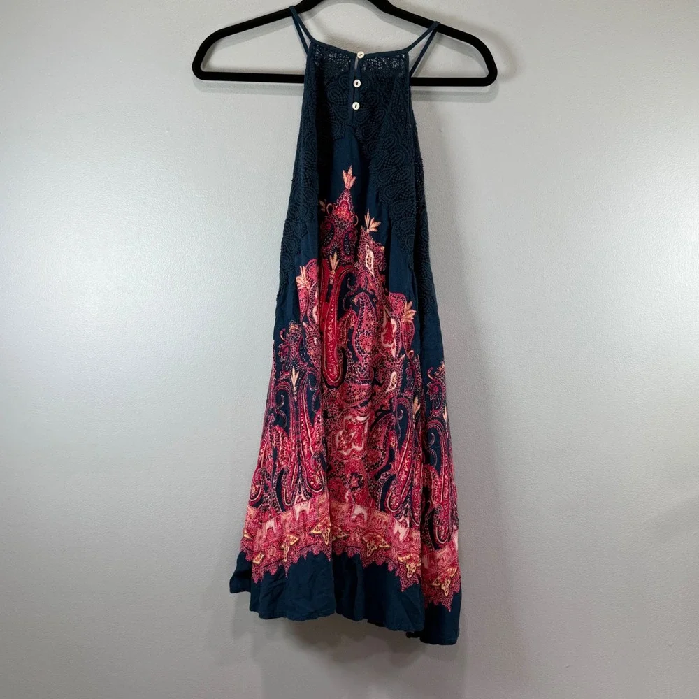 Free People Intimately Navy Paisley Crochet Lace Halter Mini Dress Size M